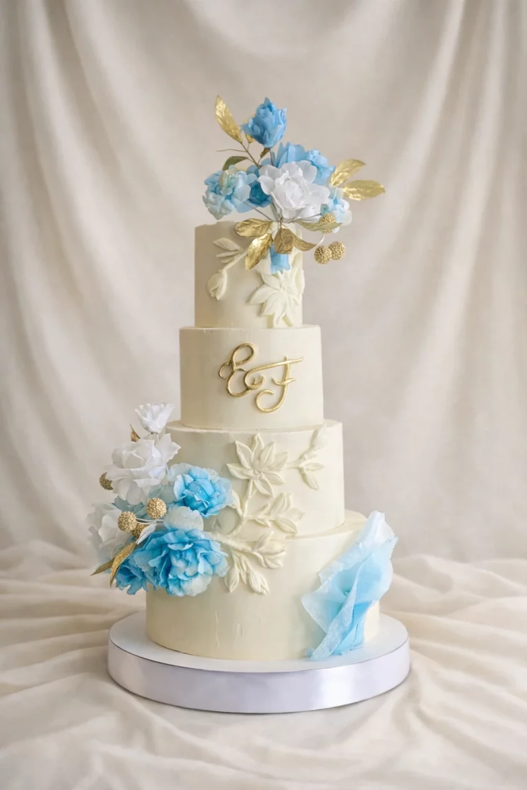 Wedding cake Dijon Bourgogne Franche-Comté blanc et bleu avec fleurs et initiales