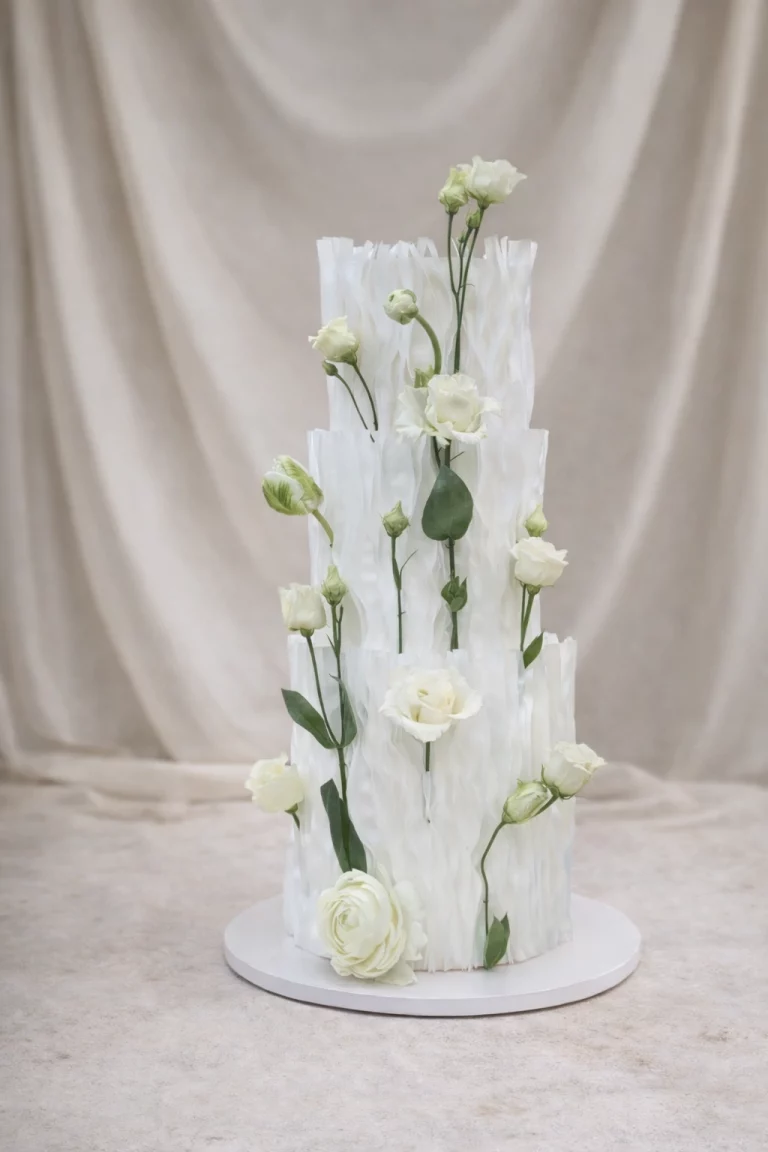 Wedding cake Dijon Bourgogne Franche-Comté blanc avec fleurs verticales et feuillage