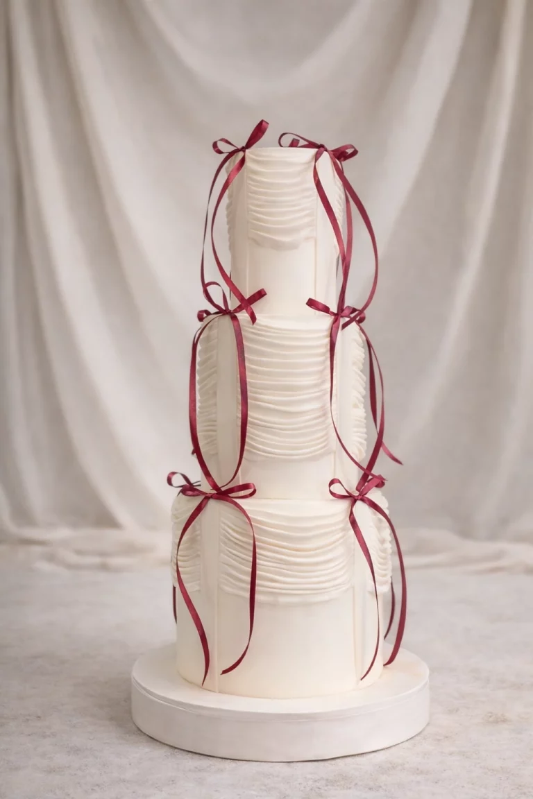 Wedding cake Dijon Bourgogne Franche-Comté blanc avec rubans rouges élégants