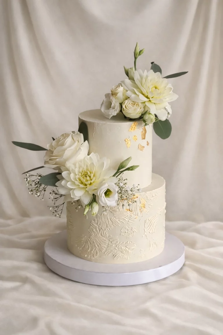 Wedding cake Dijon Bourgogne Franche-Comté avec fleurs blanches et dorure élégante