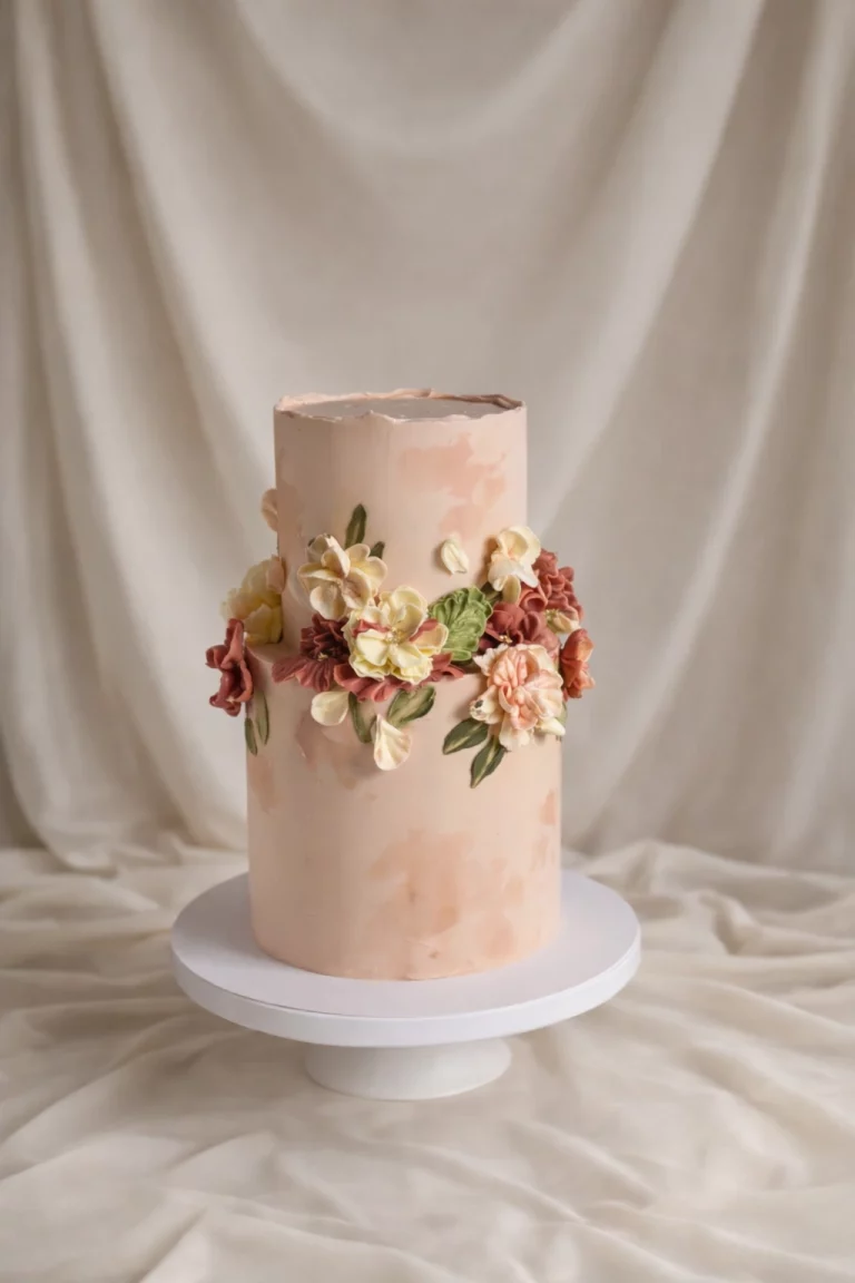 Wedding cake Dijon Bourgogne Franche-Comté romantique pêche avec fleurs en crème