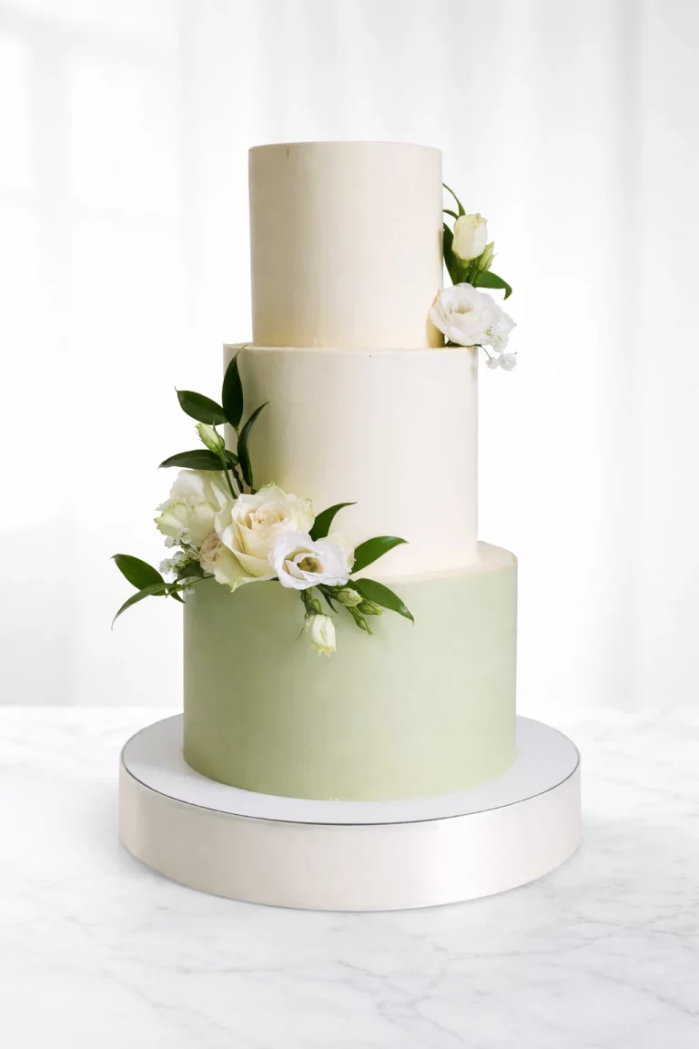 Wedding cake Dijon Bourgogne Franche-Comté vert et blanc avec fleurs naturelles